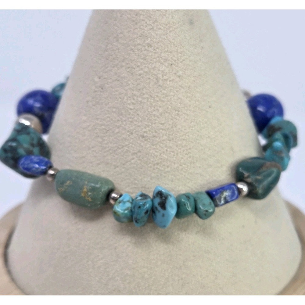Shube Dakota West Chunky Turquoise Lapis Lazuli Sterling Silver Stretch Bracelet - Picture 3 of 8